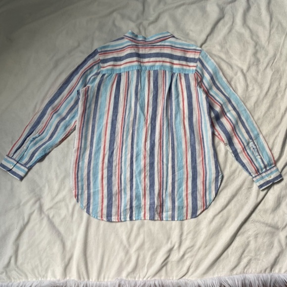 LL Bean Premium Striped Pool Blue Linen Button Down Shirt New - Picture 5 of 10